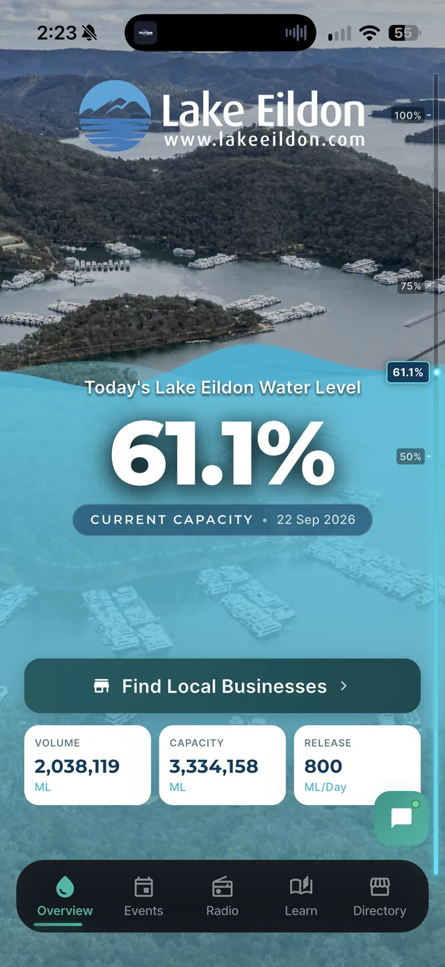 Lake Eildon app screen